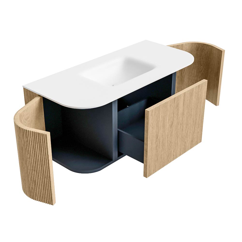 MONDIAZ KURVE 100cm mueble de baño curva Izquierda + Derecha color Oak con 1 cajón y 2 puertas. Lavabo GRUNNE Centro sin orificio Talc. 6 MONDIAZ KURVE 100cm mueble de baño curva Izquierda + Derecha color Oak con 1 cajón y 2 puertas. Lavabo GRUNNE Centro sin orificio Talc. - Imagen 6