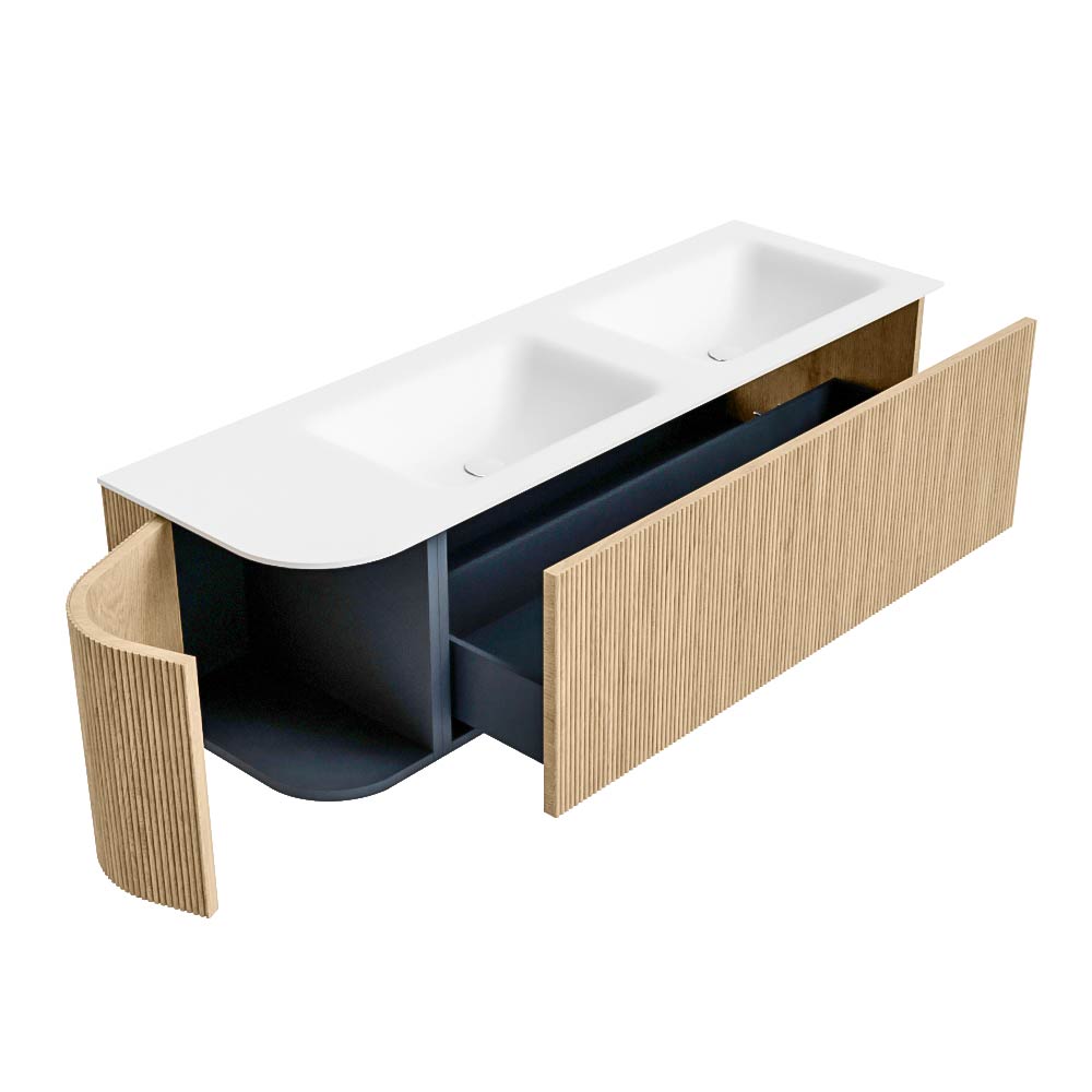 MONDIAZ KURVE 145cm mueble de baño curva Izquierda color Oak con 1 cajón y 1 puerta. Lavabo CLOUD Doble / Derecho sin orificio Talc. 6 MONDIAZ KURVE 145cm mueble de baño curva Izquierda color Oak con 1 cajón y 1 puerta. Lavabo CLOUD Doble / Derecho sin orificio Talc. - Imagen 6