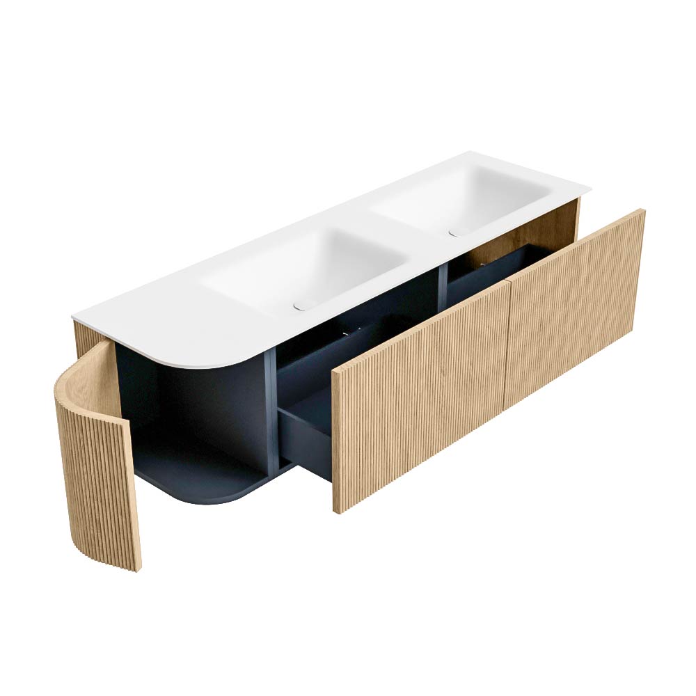 MONDIAZ KURVE 155cm mueble de baño curva Izquierda color Oak con 2 cajones y 1 puerta. Lavabo CLOUD Doble / Derecho 2 orificios Talc. 6 MONDIAZ KURVE 155cm mueble de baño curva Izquierda color Oak con 2 cajones y 1 puerta. Lavabo CLOUD Doble / Derecho 2 orificios Talc. - Imagen 6