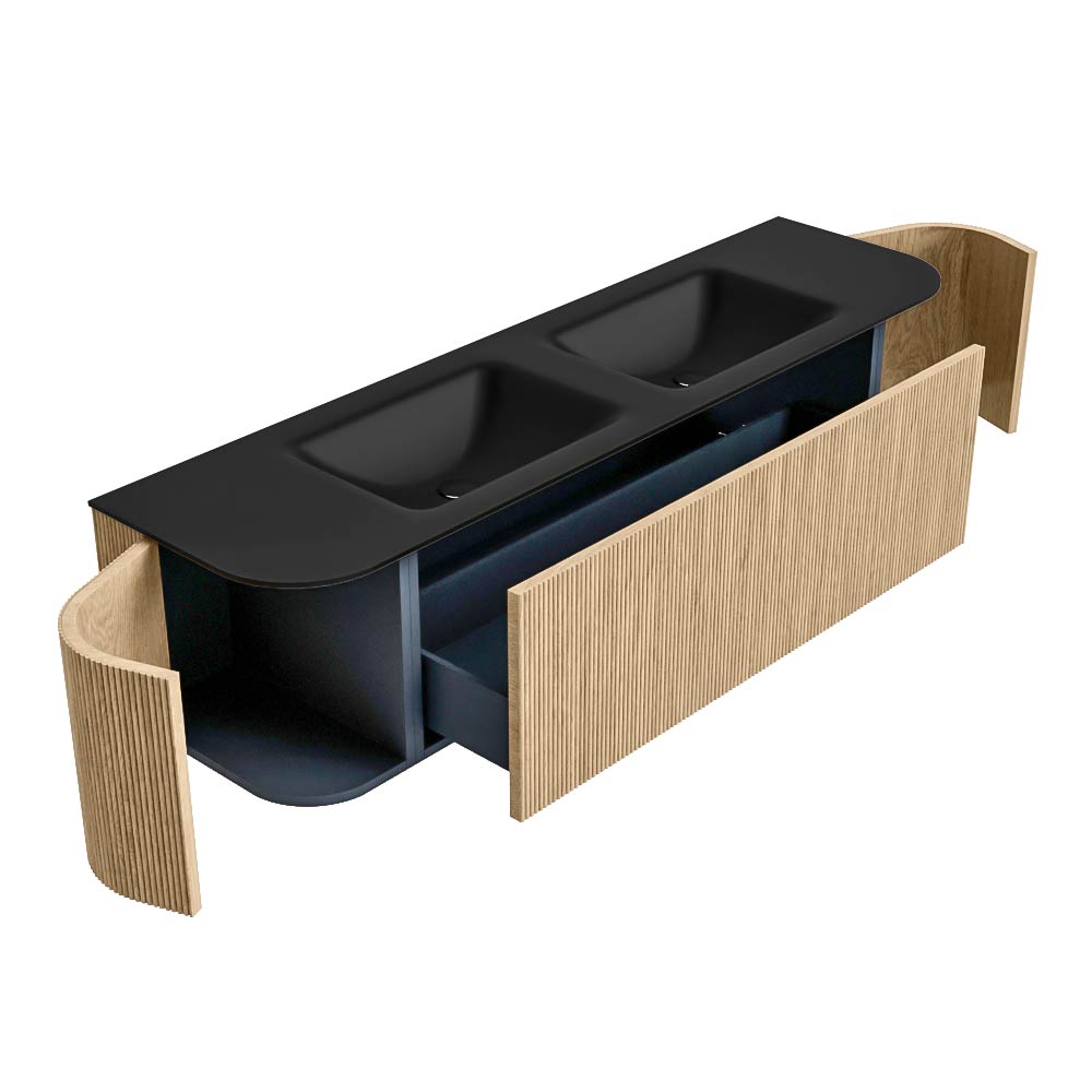 MONDIAZ KURVE 170cm mueble de baño curva Izquierda + Derecha color Oak con 1 cajón y 2 puertas. Lavabo CLOUD Doble sin orificio Urban. 6 MONDIAZ KURVE 170cm mueble de baño curva Izquierda + Derecha color Oak con 1 cajón y 2 puertas. Lavabo CLOUD Doble sin orificio Urban. - Imagen 6