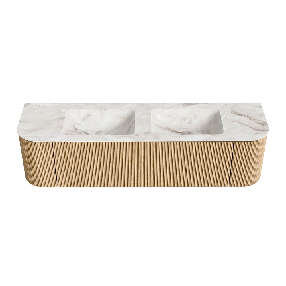 MONDIAZ KURVE-DLUX 170cm mueble de baño curva Izquierda + Derecha color Oak con 1 cajón y 2 puertas. Lavabo LEAF Doble sin orificio Frappe. 5 MONDIAZ KURVE-DLUX 170cm mueble de baño curva Izquierda + Derecha color Oak con 1 cajón y 2 puertas. Lavabo LEAF Doble sin orificio Frappe. - Imagen 5