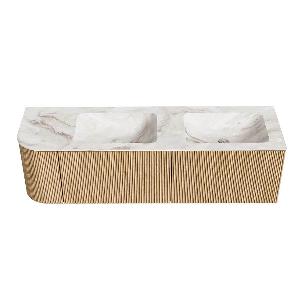 MONDIAZ KURVE-DLUX 155cm mueble de baño curva Izquierda color Oak con 2 cajones y 1 puerta. Lavabo LEAF Doble / Derecho 2 orificios Frappe. 5 MONDIAZ KURVE-DLUX 155cm mueble de baño curva Izquierda color Oak con 2 cajones y 1 puerta. Lavabo LEAF Doble / Derecho 2 orificios Frappe. - Imagen 5