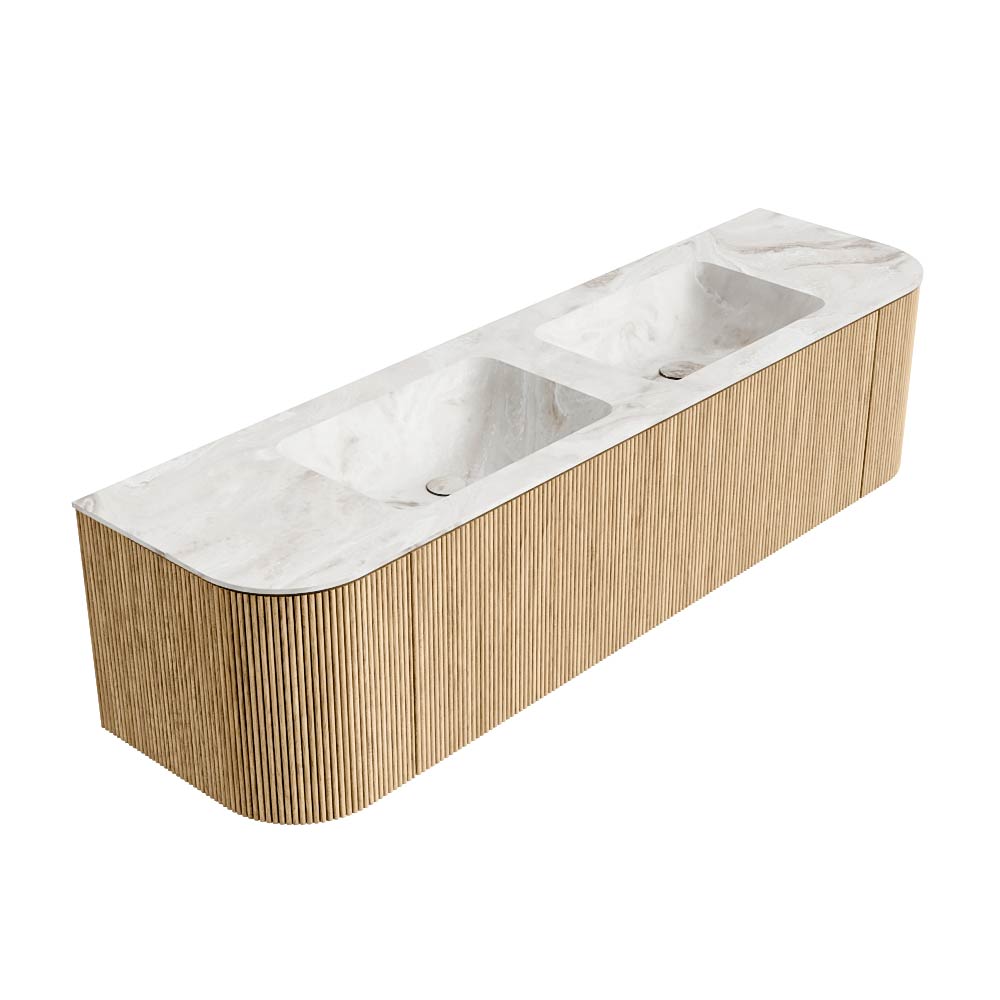 MONDIAZ KURVE-DLUX 170cm mueble de baño curva Izquierda + Derecha color Oak con 1 cajón y 2 puertas. Lavabo LEAF Doble sin orificio Frappe. 4 MONDIAZ KURVE-DLUX 170cm mueble de baño curva Izquierda + Derecha color Oak con 1 cajón y 2 puertas. Lavabo LEAF Doble sin orificio Frappe. - Imagen 4