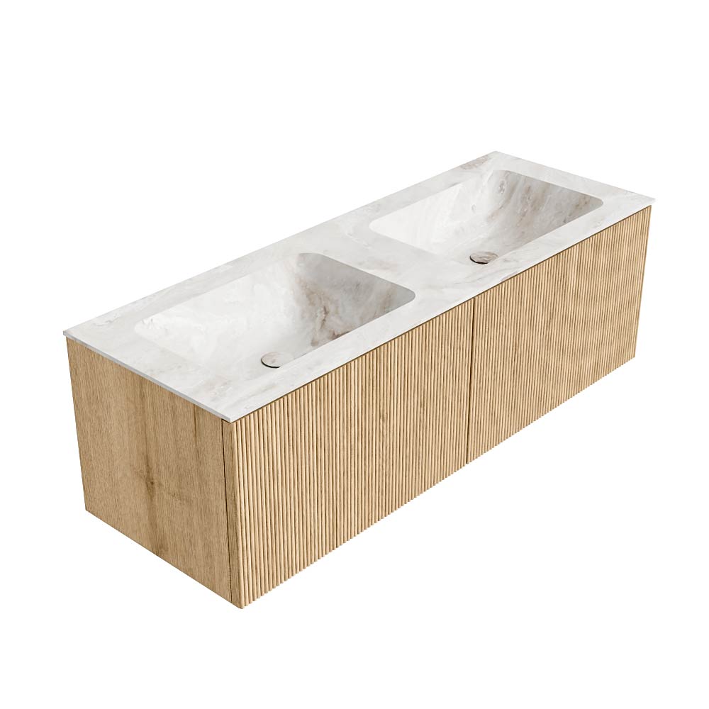 MONDIAZ KURVE-DLUX 130cm mueble de baño color Oak con 2 cajones y sin puerta. Lavabo LEAF Doble sin orificio Frappe. 4 MONDIAZ KURVE-DLUX 130cm mueble de baño color Oak con 2 cajones y sin puerta. Lavabo LEAF Doble sin orificio Frappe. - Imagen 4