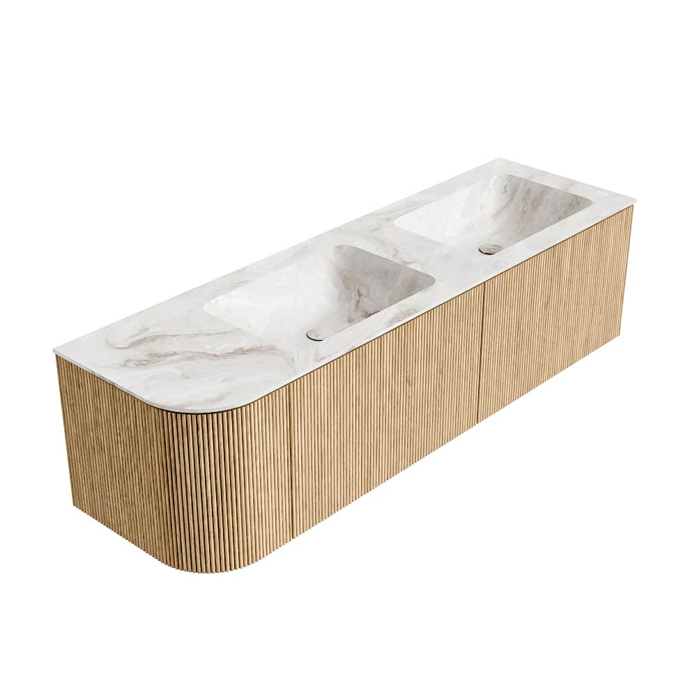 MONDIAZ KURVE-DLUX 155cm mueble de baño curva Izquierda color Oak con 2 cajones y 1 puerta. Lavabo LEAF Doble / Derecho 2 orificios Frappe. 4 MONDIAZ KURVE-DLUX 155cm mueble de baño curva Izquierda color Oak con 2 cajones y 1 puerta. Lavabo LEAF Doble / Derecho 2 orificios Frappe. - Imagen 4