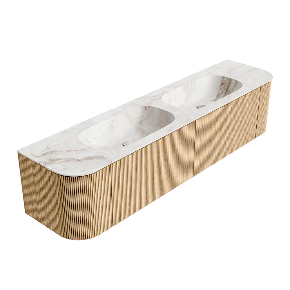 MONDIAZ KURVE-DLUX 190cm mueble de baño curva Izquierda + Derecha color Oak con 2 cajones y 2 puertas. Lavabo STOR SMALL Doble 2 orificios Frappe. 4 MONDIAZ KURVE-DLUX 190cm mueble de baño curva Izquierda + Derecha color Oak con 2 cajones y 2 puertas. Lavabo STOR SMALL Doble 2 orificios Frappe. - Imagen 4