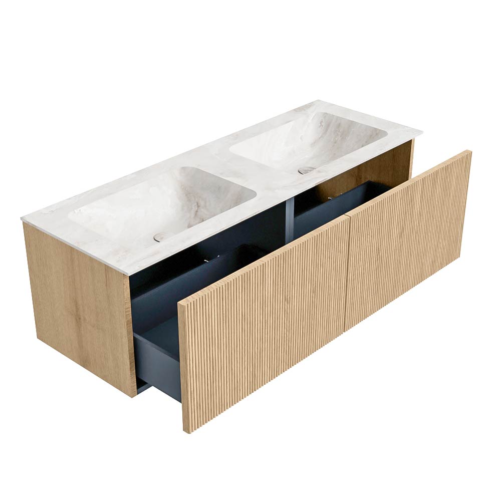 MONDIAZ KURVE-DLUX 130cm mueble de baño color Oak con 2 cajones y sin puerta. Lavabo LEAF Doble sin orificio Frappe. 6 MONDIAZ KURVE-DLUX 130cm mueble de baño color Oak con 2 cajones y sin puerta. Lavabo LEAF Doble sin orificio Frappe. - Imagen 6