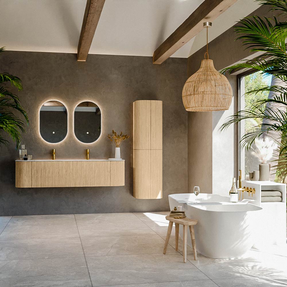 MONDIAZ KURVE-DLUX 170cm mueble de baño curva Izquierda + Derecha color Oak con 1 cajón y 2 puertas. Lavabo BIG LARGE Centro 2 orificios Frappe. 3 MONDIAZ KURVE-DLUX 170cm mueble de baño curva Izquierda + Derecha color Oak con 1 cajón y 2 puertas. Lavabo BIG LARGE Centro 2 orificios Frappe. - Imagen 3
