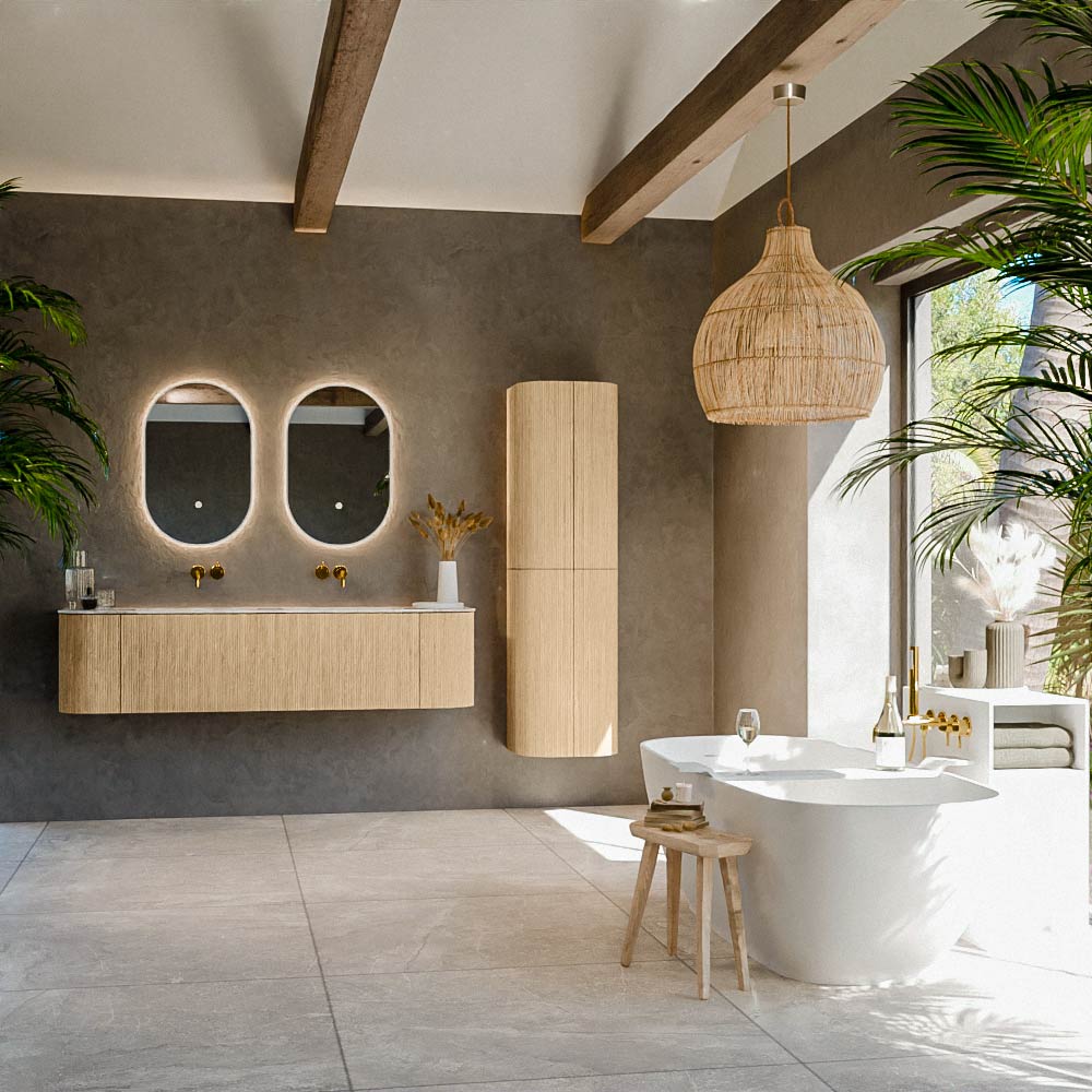 MONDIAZ KURVE-DLUX 170cm mueble de baño curva Izquierda + Derecha color Oak con 1 cajón y 2 puertas. Lavabo LEAF Doble sin orificio Frappe. 3 MONDIAZ KURVE-DLUX 170cm mueble de baño curva Izquierda + Derecha color Oak con 1 cajón y 2 puertas. Lavabo LEAF Doble sin orificio Frappe. - Imagen 3