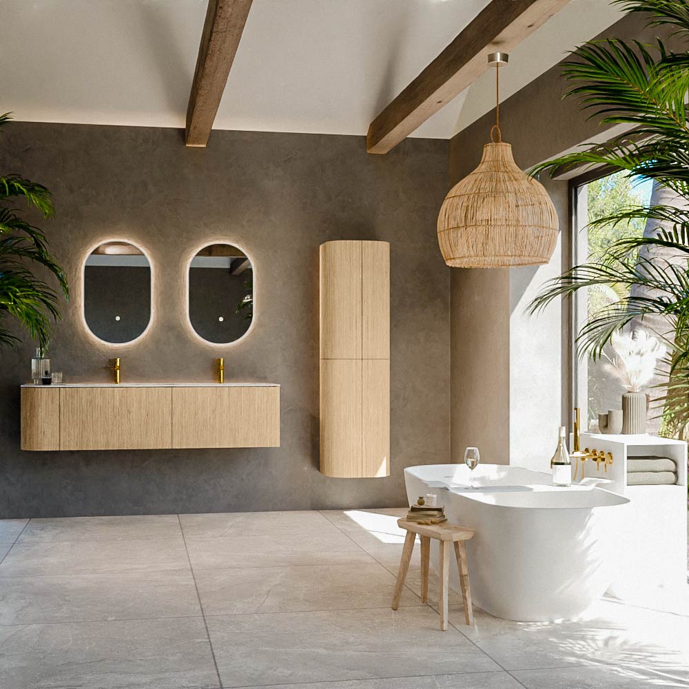 MONDIAZ KURVE-DLUX 165cm mueble de baño curva Izquierda color Oak con 2 cajones y 1 puerta. Lavabo STOR SMALL Doble / Derecho 2 orificios Frappe. 3 MONDIAZ KURVE-DLUX 165cm mueble de baño curva Izquierda color Oak con 2 cajones y 1 puerta. Lavabo STOR SMALL Doble / Derecho 2 orificios Frappe. - Imagen 3