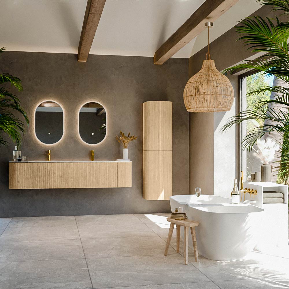 MONDIAZ KURVE-DLUX 190cm mueble de baño curva Izquierda + Derecha color Oak con 2 cajones y 2 puertas. Lavabo STOR SMALL Doble 2 orificios Frappe. 3 MONDIAZ KURVE-DLUX 190cm mueble de baño curva Izquierda + Derecha color Oak con 2 cajones y 2 puertas. Lavabo STOR SMALL Doble 2 orificios Frappe. - Imagen 3