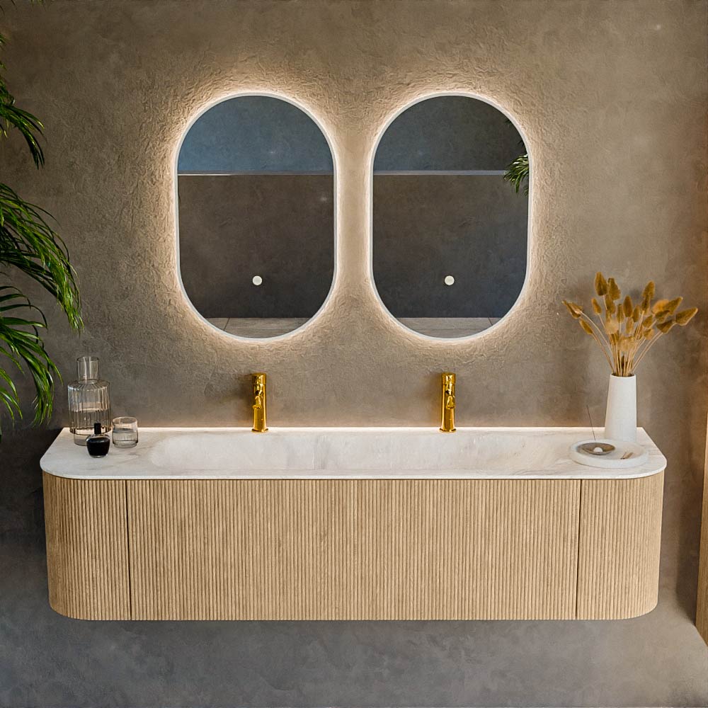 MONDIAZ KURVE-DLUX 170cm mueble de baño curva Izquierda + Derecha color Oak con 1 cajón y 2 puertas. Lavabo BIG LARGE Centro 2 orificios Frappe. 2 MONDIAZ KURVE-DLUX 170cm mueble de baño curva Izquierda + Derecha color Oak con 1 cajón y 2 puertas. Lavabo BIG LARGE Centro 2 orificios Frappe. - Imagen 2