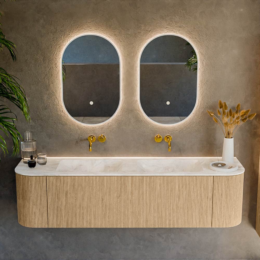 MONDIAZ KURVE-DLUX 170cm mueble de baño curva Izquierda + Derecha color Oak con 1 cajón y 2 puertas. Lavabo LEAF Doble sin orificio Frappe. 2 MONDIAZ KURVE-DLUX 170cm mueble de baño curva Izquierda + Derecha color Oak con 1 cajón y 2 puertas. Lavabo LEAF Doble sin orificio Frappe. - Imagen 2