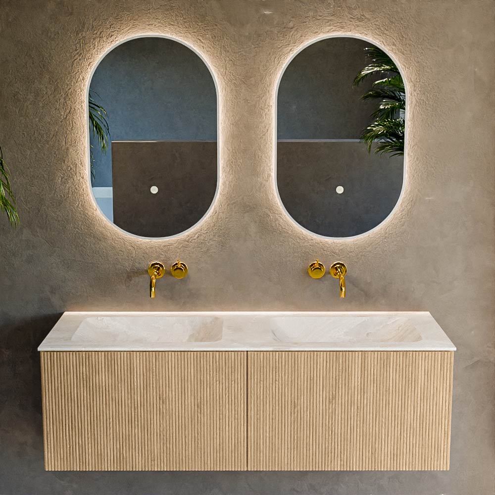 MONDIAZ KURVE-DLUX 130cm mueble de baño color Oak con 2 cajones y sin puerta. Lavabo LEAF Doble sin orificio Frappe. 2 MONDIAZ KURVE-DLUX 130cm mueble de baño color Oak con 2 cajones y sin puerta. Lavabo LEAF Doble sin orificio Frappe. - Imagen 2