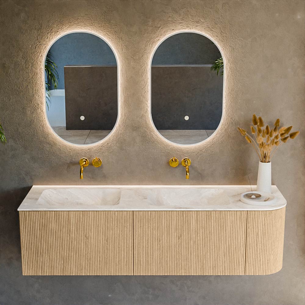 MONDIAZ KURVE-DLUX 155cm mueble de baño curva Derecha color Oak con 2 cajones y 1 puerta. Lavabo LEAF Doble / Izquierda sin orificio Frappe. 2 MONDIAZ KURVE-DLUX 155cm mueble de baño curva Derecha color Oak con 2 cajones y 1 puerta. Lavabo LEAF Doble / Izquierda sin orificio Frappe. - Imagen 2