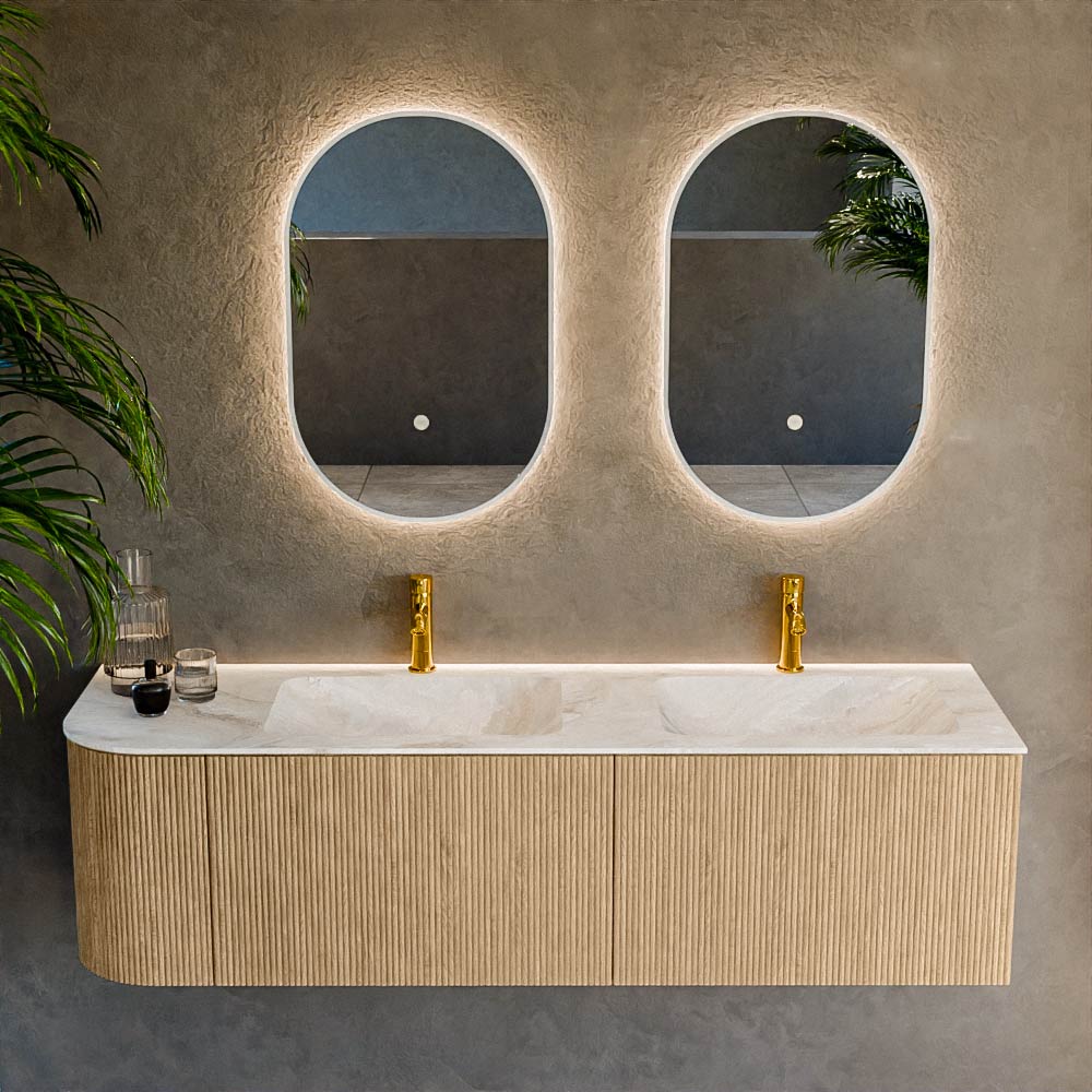 MONDIAZ KURVE-DLUX 155cm mueble de baño curva Izquierda color Oak con 2 cajones y 1 puerta. Lavabo LEAF Doble / Derecho 2 orificios Frappe. 2 MONDIAZ KURVE-DLUX 155cm mueble de baño curva Izquierda color Oak con 2 cajones y 1 puerta. Lavabo LEAF Doble / Derecho 2 orificios Frappe. - Imagen 2