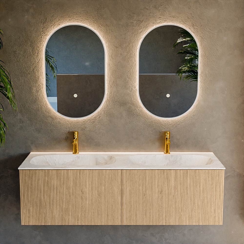 MONDIAZ KURVE-DLUX 140cm mueble de baño color Oak con 2 cajones y sin puerta. Lavabo STOR SMALL Doble 2 orificios Frappe. 2 MONDIAZ KURVE-DLUX 140cm mueble de baño color Oak con 2 cajones y sin puerta. Lavabo STOR SMALL Doble 2 orificios Frappe. - Imagen 2