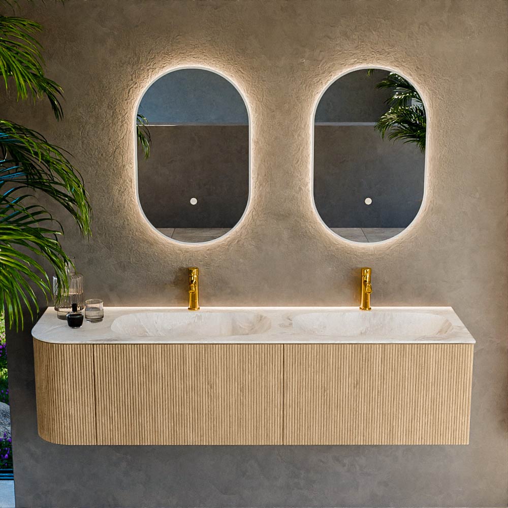 MONDIAZ KURVE-DLUX 165cm mueble de baño curva Izquierda color Oak con 2 cajones y 1 puerta. Lavabo STOR SMALL Doble / Derecho 2 orificios Frappe. 2 MONDIAZ KURVE-DLUX 165cm mueble de baño curva Izquierda color Oak con 2 cajones y 1 puerta. Lavabo STOR SMALL Doble / Derecho 2 orificios Frappe. - Imagen 2