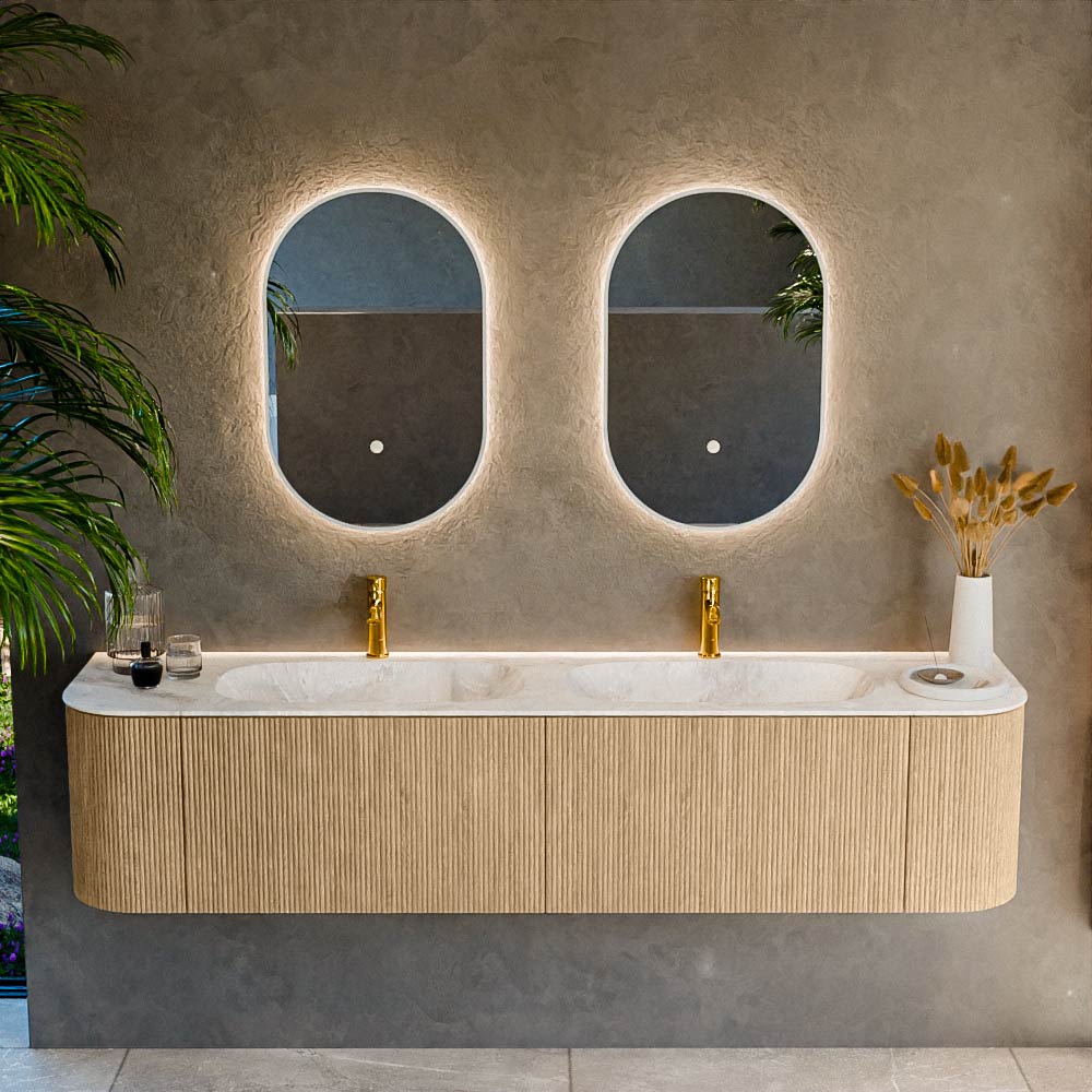 MONDIAZ KURVE-DLUX 190cm mueble de baño curva Izquierda + Derecha color Oak con 2 cajones y 2 puertas. Lavabo STOR SMALL Doble 2 orificios Frappe. 2 MONDIAZ KURVE-DLUX 190cm mueble de baño curva Izquierda + Derecha color Oak con 2 cajones y 2 puertas. Lavabo STOR SMALL Doble 2 orificios Frappe. - Imagen 2