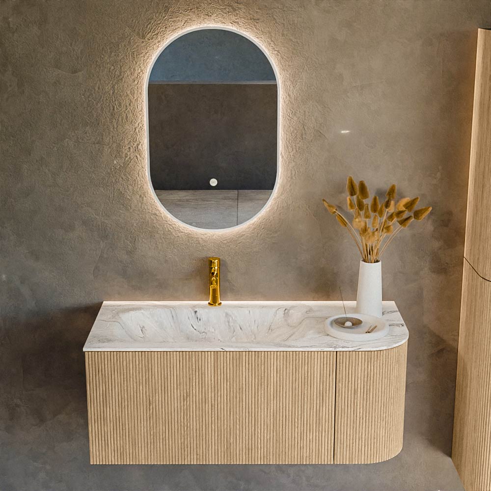 MONDIAZ KURVE-DLUX 105cm mueble de baño curva Derecha color Oak con 1 cajón y 1 puerta. Lavabo BIG SMALL Izquierda 1 orificio Glace. 2 MONDIAZ KURVE-DLUX 105cm mueble de baño curva Derecha color Oak con 1 cajón y 1 puerta. Lavabo BIG SMALL Izquierda 1 orificio Glace. - Imagen 2