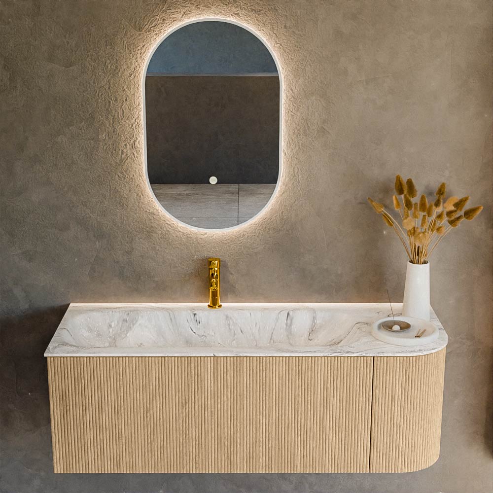 MONDIAZ KURVE-DLUX 125cm mueble de baño curva Derecha color Oak con 1 cajón y 1 puerta. Lavabo BIG MEDIUM Izquierda 1 orificio Glace. 2 MONDIAZ KURVE-DLUX 125cm mueble de baño curva Derecha color Oak con 1 cajón y 1 puerta. Lavabo BIG MEDIUM Izquierda 1 orificio Glace. - Imagen 2