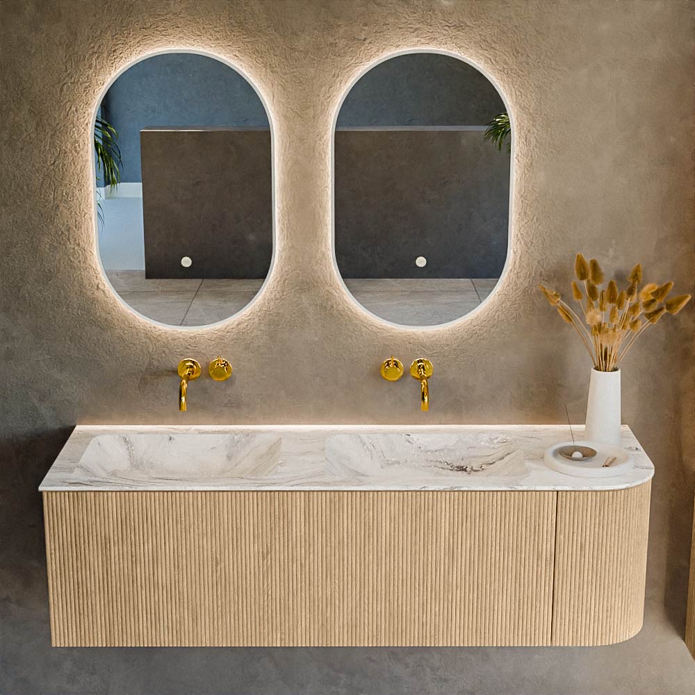 MONDIAZ KURVE-DLUX 145cm mueble de baño curva Derecha color Oak con 1 cajón y 1 puerta. Lavabo LEAF Doble / Izquierda sin orificio Glace. 2 MONDIAZ KURVE-DLUX 145cm mueble de baño curva Derecha color Oak con 1 cajón y 1 puerta. Lavabo LEAF Doble / Izquierda sin orificio Glace. - Imagen 2