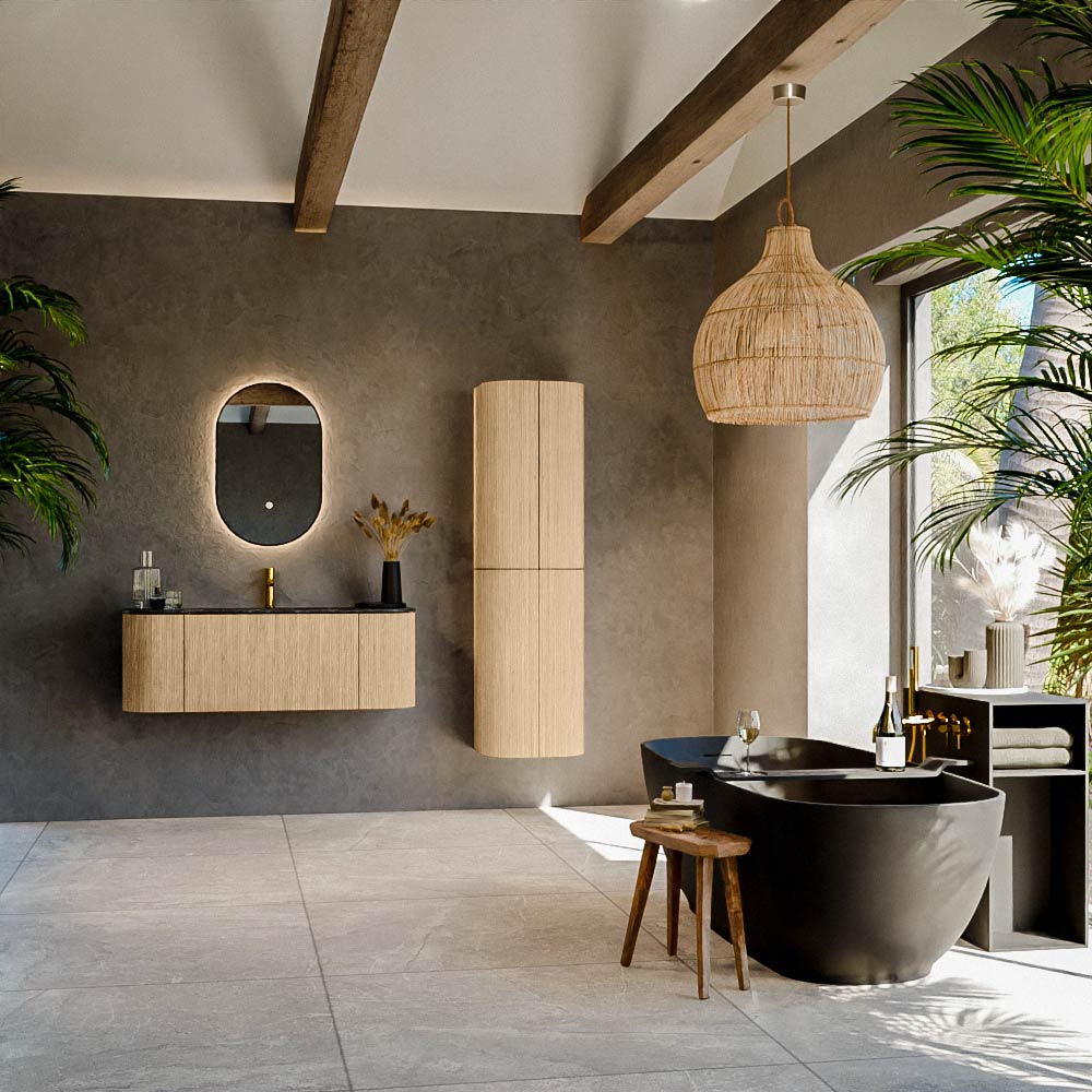 MONDIAZ KURVE-DLUX 120cm mueble de baño curva Izquierda + Derecha color Oak con 1 cajón y 2 puertas. Lavabo BIG SMALL Centro 1 orificio Lava. 3 MONDIAZ KURVE-DLUX 120cm mueble de baño curva Izquierda + Derecha color Oak con 1 cajón y 2 puertas. Lavabo BIG SMALL Centro 1 orificio Lava. - Imagen 3