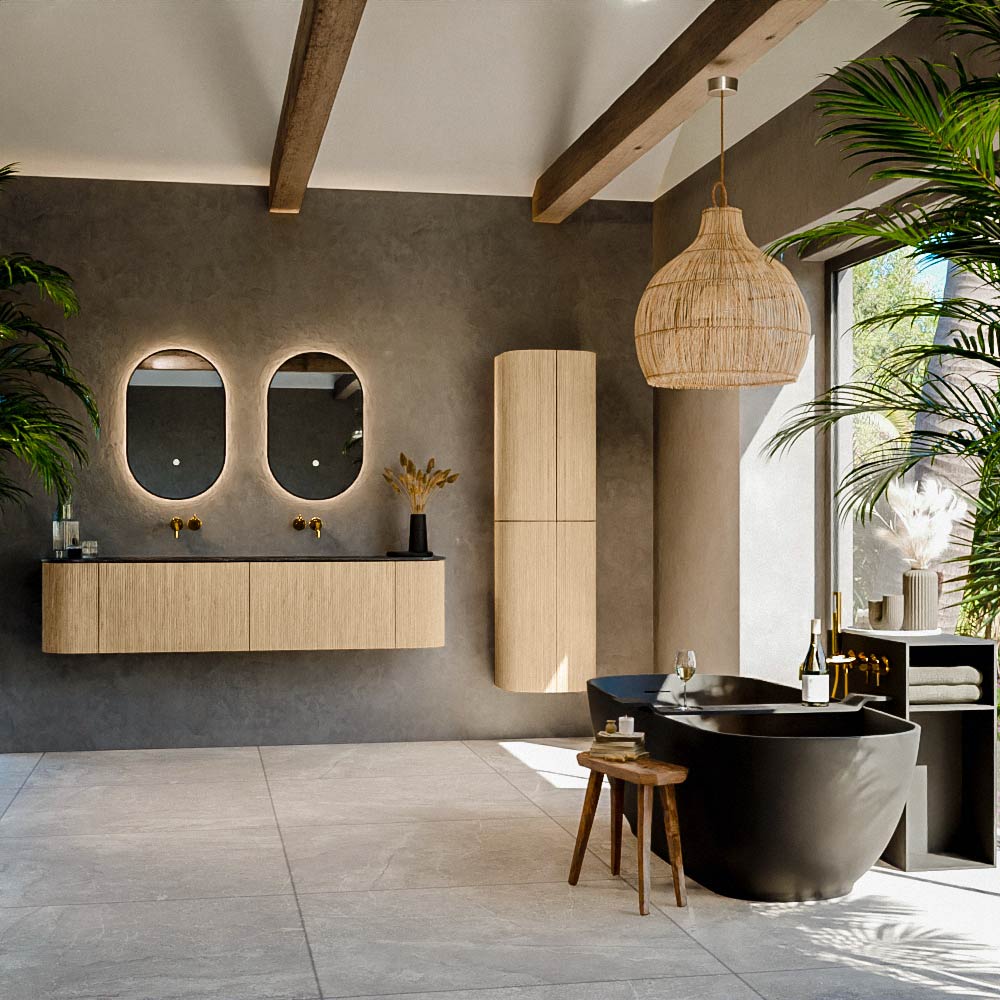 MONDIAZ KURVE-DLUX 180cm mueble de baño curva Izquierda + Derecha color Oak con 2 cajones y 2 puertas. Lavabo LEAF Doble sin orificio Lava. - Imagen 3