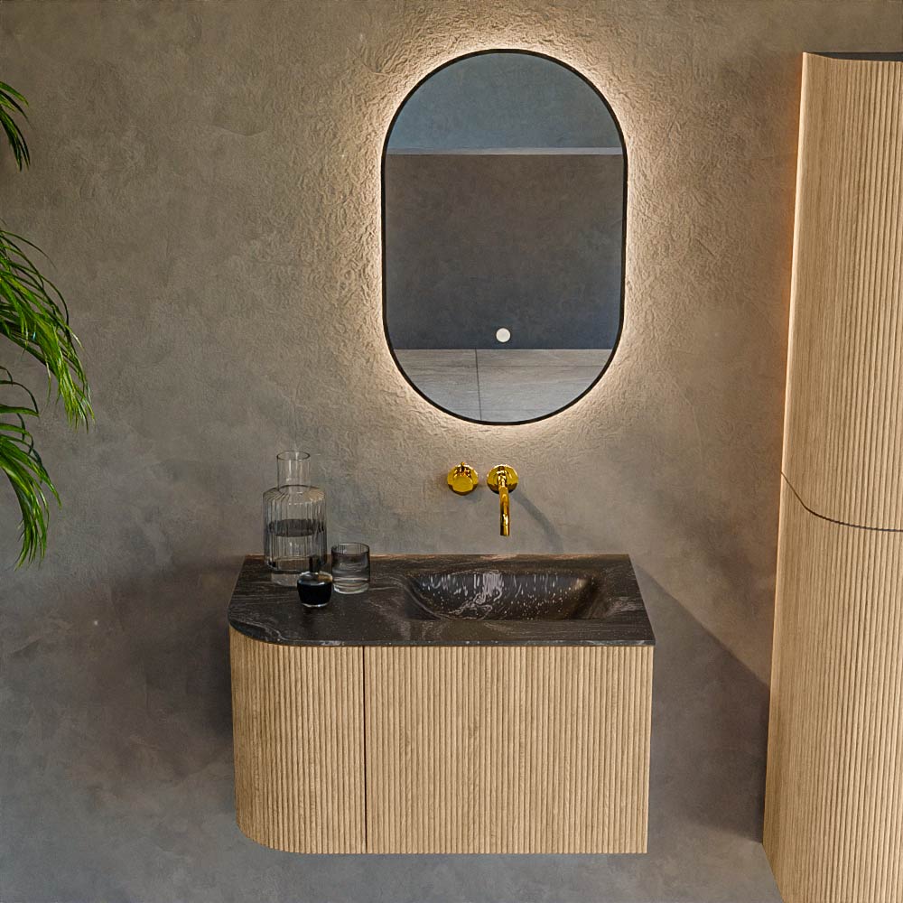 MONDIAZ KURVE-DLUX 75cm mueble de baño curva Izquierda color Oak con 1 cajón y 1 puerta. Lavabo GRUNNE Derecho sin orificio Lava. 2 MONDIAZ KURVE-DLUX 75cm mueble de baño curva Izquierda color Oak con 1 cajón y 1 puerta. Lavabo GRUNNE Derecho sin orificio Lava. - Imagen 2