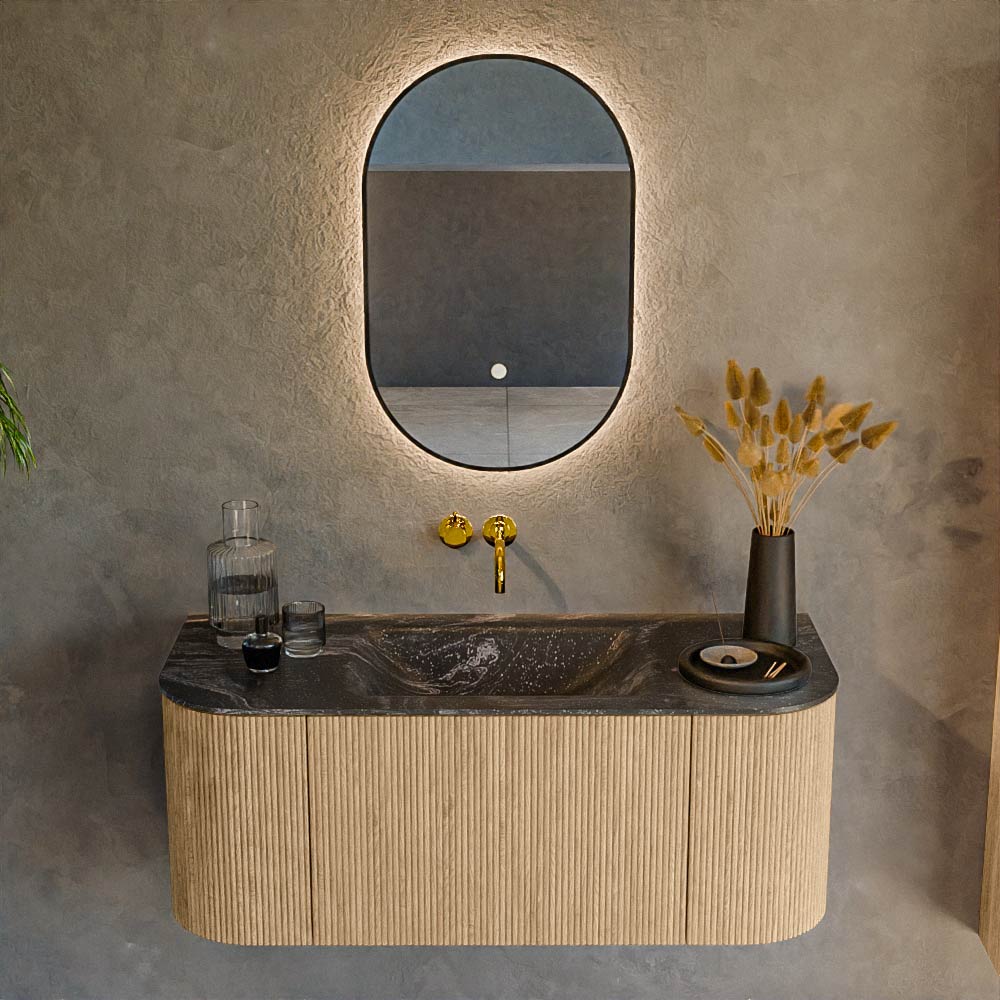 MONDIAZ KURVE-DLUX 110cm mueble de baño curva Izquierda + Derecha color Oak con 1 cajón y 2 puertas. Lavabo CLOUD Centro sin orificio Lava. 2 MONDIAZ KURVE-DLUX 110cm mueble de baño curva Izquierda + Derecha color Oak con 1 cajón y 2 puertas. Lavabo CLOUD Centro sin orificio Lava. - Imagen 2