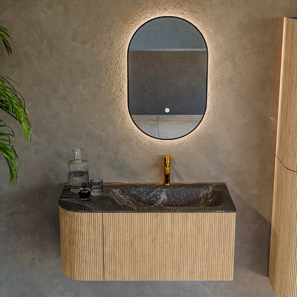 MONDIAZ KURVE-DLUX 95cm mueble de baño curva Izquierda color Oak con 1 cajón y 1 puerta. Lavabo BIG SMALL Derecho 1 orificio Lava. 2 MONDIAZ KURVE-DLUX 95cm mueble de baño curva Izquierda color Oak con 1 cajón y 1 puerta. Lavabo BIG SMALL Derecho 1 orificio Lava. - Imagen 2