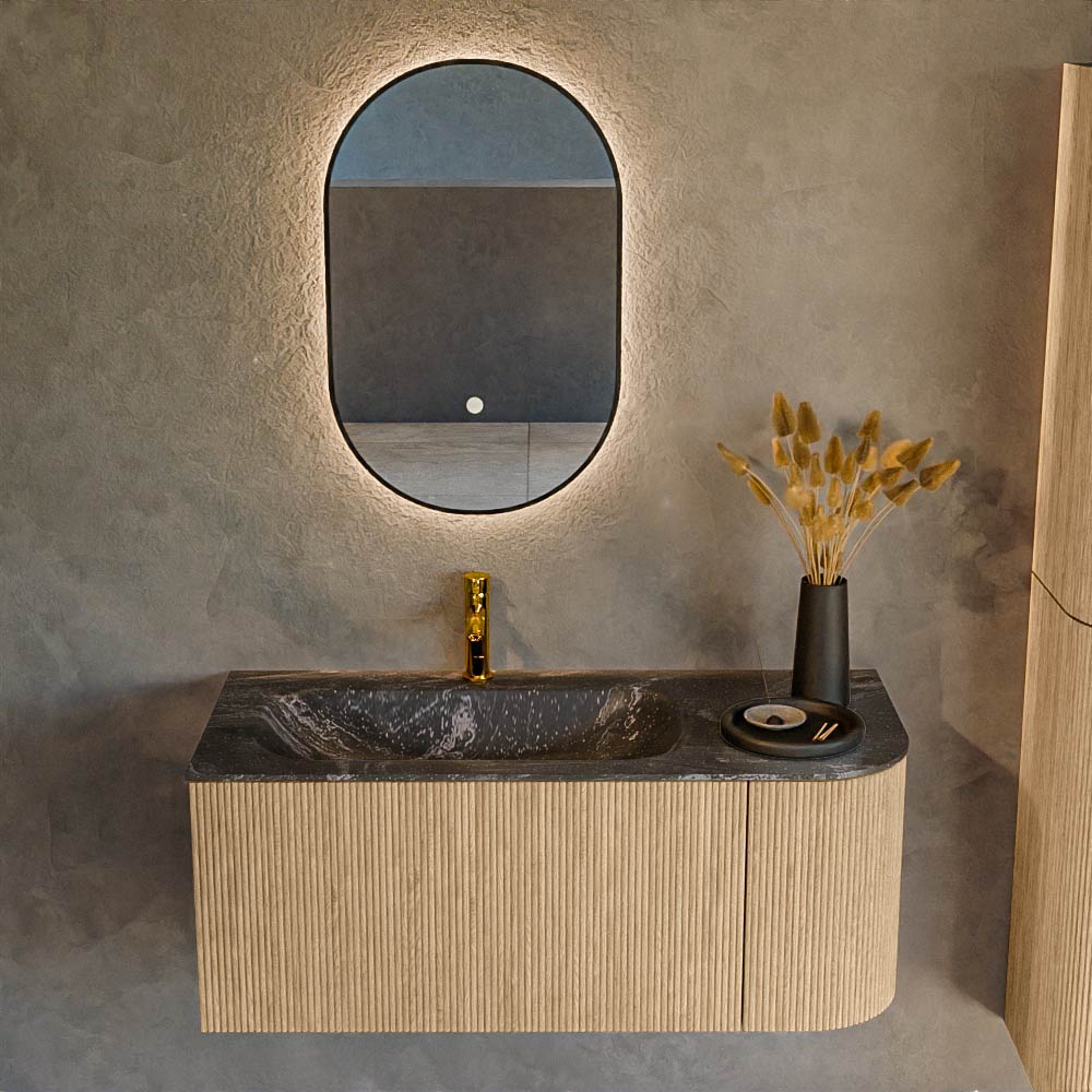 MONDIAZ KURVE-DLUX 105cm mueble de baño curva Derecha color Oak con 1 cajón y 1 puerta. Lavabo BIG SMALL Izquierda 1 orificio Lava. 2 MONDIAZ KURVE-DLUX 105cm mueble de baño curva Derecha color Oak con 1 cajón y 1 puerta. Lavabo BIG SMALL Izquierda 1 orificio Lava. - Imagen 2