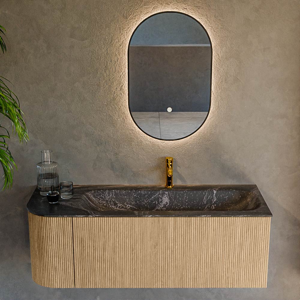 MONDIAZ KURVE-DLUX 125cm mueble de baño curva Izquierda color Oak con 1 cajón y 1 puerta. Lavabo BIG MEDIUM Derecho 1 orificio Lava. 2 MONDIAZ KURVE-DLUX 125cm mueble de baño curva Izquierda color Oak con 1 cajón y 1 puerta. Lavabo BIG MEDIUM Derecho 1 orificio Lava. - Imagen 2