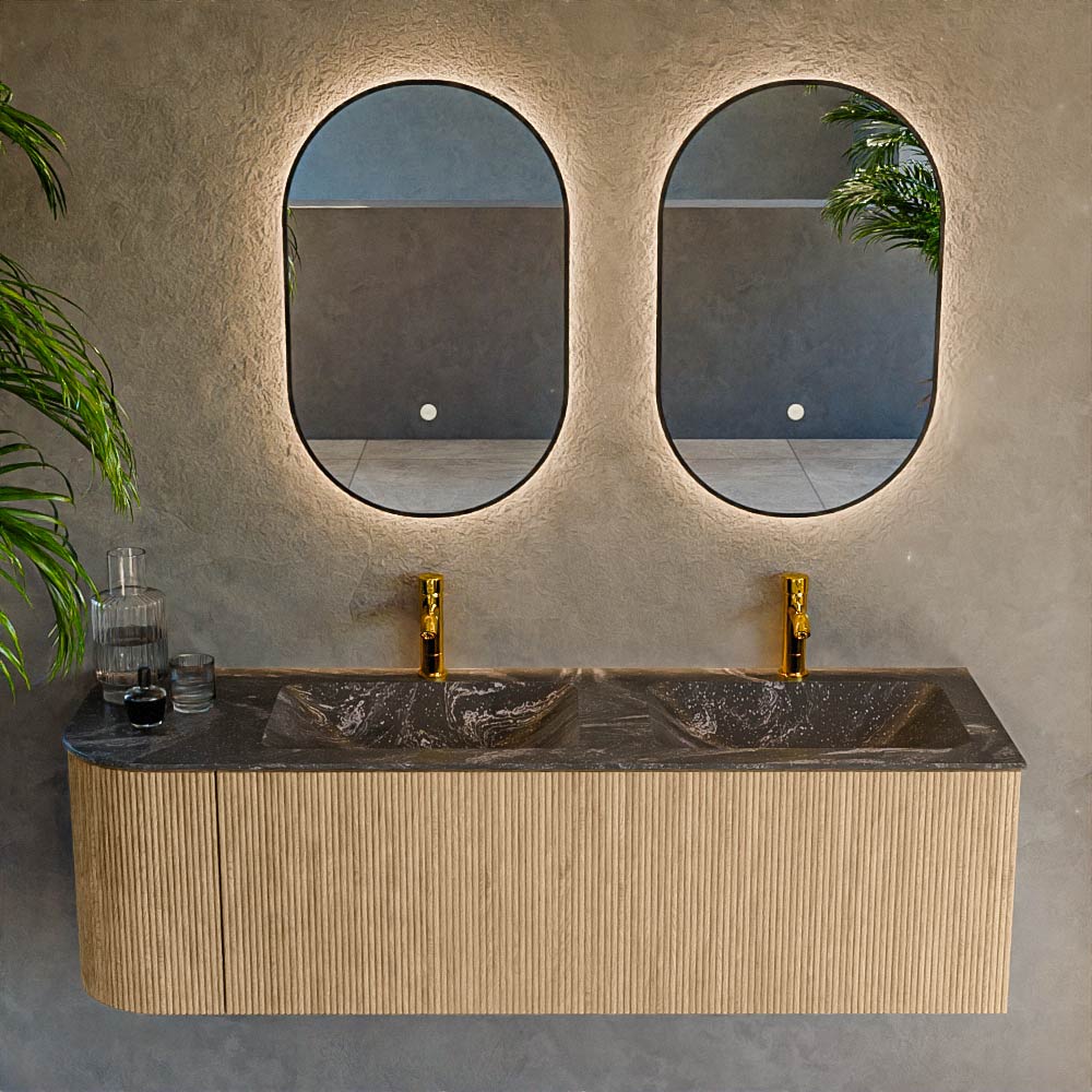 MONDIAZ KURVE-DLUX 145cm mueble de baño curva Izquierda color Oak con 1 cajón y 1 puerta. Lavabo LEAF Doble / Derecho 2 orificios Lava. 2 MONDIAZ KURVE-DLUX 145cm mueble de baño curva Izquierda color Oak con 1 cajón y 1 puerta. Lavabo LEAF Doble / Derecho 2 orificios Lava. - Imagen 2