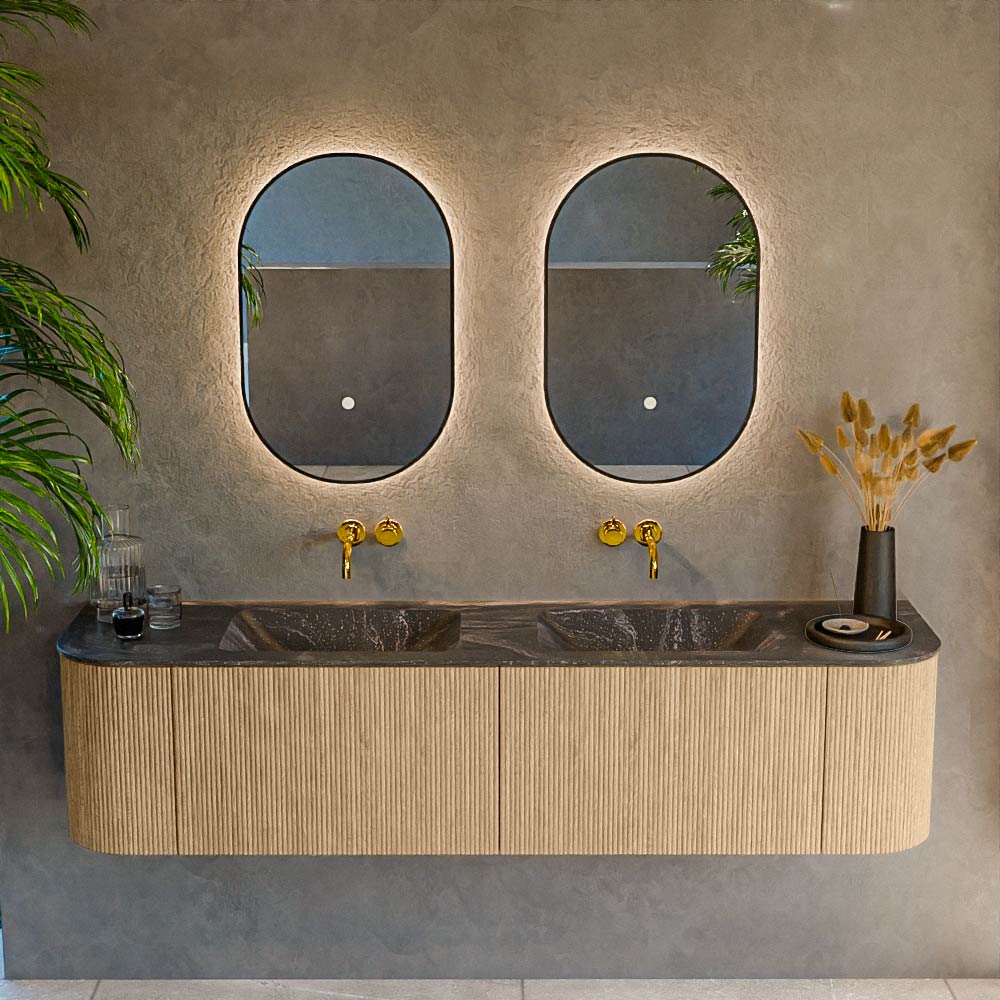 MONDIAZ KURVE-DLUX 180cm mueble de baño curva Izquierda + Derecha color Oak con 2 cajones y 2 puertas. Lavabo LEAF Doble sin orificio Lava. - Imagen 2