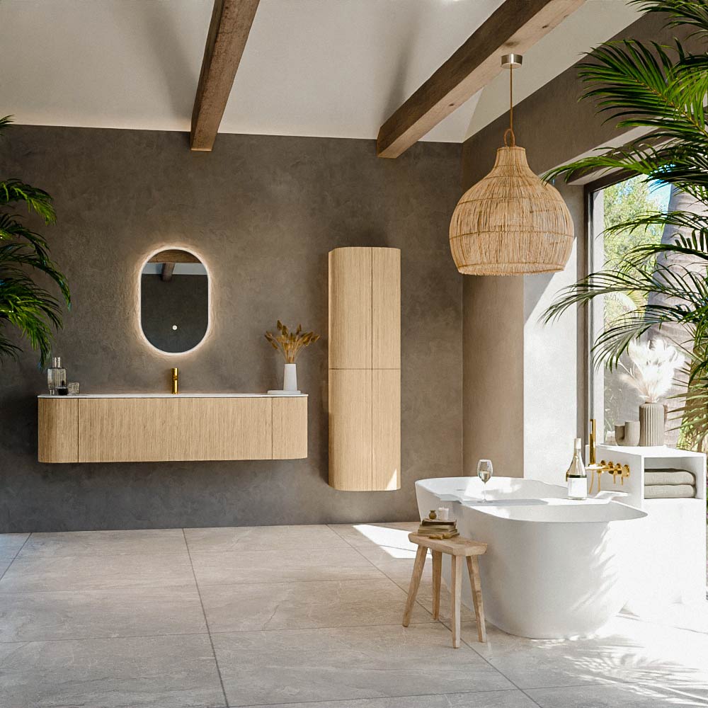 MONDIAZ KURVE-DLUX 170cm mueble de baño curva Izquierda + Derecha color Oak con 1 cajón y 2 puertas. Lavabo BIG LARGE Centro 1 orificio Opalo. 3 MONDIAZ KURVE-DLUX 170cm mueble de baño curva Izquierda + Derecha color Oak con 1 cajón y 2 puertas. Lavabo BIG LARGE Centro 1 orificio Opalo. - Imagen 3