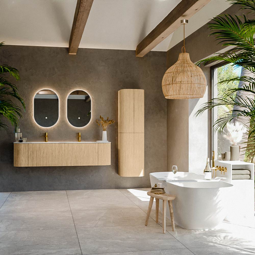 MONDIAZ KURVE-DLUX 170cm mueble de baño curva Izquierda + Derecha color Oak con 1 cajón y 2 puertas. Lavabo LEAF Doble 2 orificios Opalo. 3 MONDIAZ KURVE-DLUX 170cm mueble de baño curva Izquierda + Derecha color Oak con 1 cajón y 2 puertas. Lavabo LEAF Doble 2 orificios Opalo. - Imagen 3