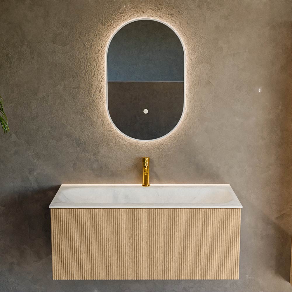 MONDIAZ KURVE-DLUX 100cm mueble de baño color Oak con 1 cajón y sin puerta. Lavabo BIG MEDIUM Centro 1 orificio Opalo. 2 MONDIAZ KURVE-DLUX 100cm mueble de baño color Oak con 1 cajón y sin puerta. Lavabo BIG MEDIUM Centro 1 orificio Opalo. - Imagen 2