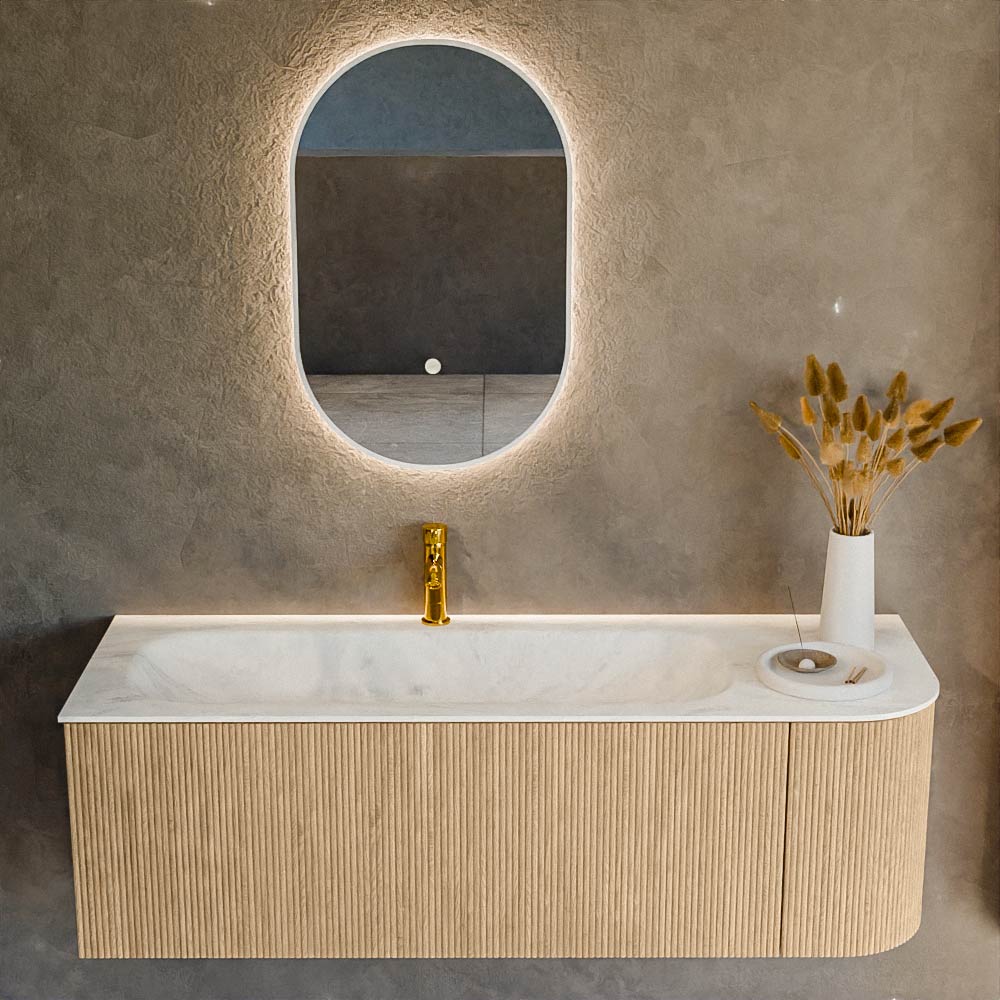 MONDIAZ KURVE-DLUX 135cm mueble de baño curva Derecha color Oak con 1 cajón y 1 puerta. Lavabo BIG MEDIUM Izquierda 1 orificio Opalo. 2 MONDIAZ KURVE-DLUX 135cm mueble de baño curva Derecha color Oak con 1 cajón y 1 puerta. Lavabo BIG MEDIUM Izquierda 1 orificio Opalo. - Imagen 2