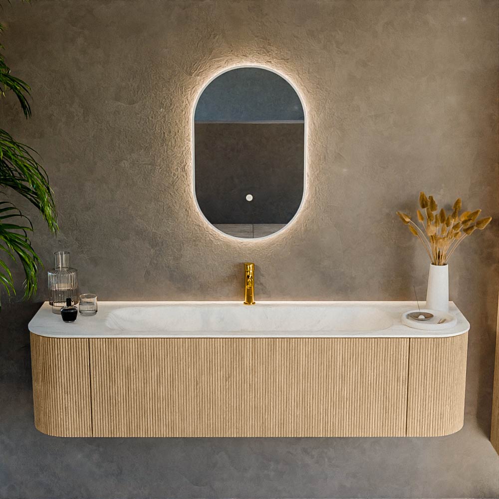 MONDIAZ KURVE-DLUX 170cm mueble de baño curva Izquierda + Derecha color Oak con 1 cajón y 2 puertas. Lavabo BIG LARGE Centro 1 orificio Opalo. 2 MONDIAZ KURVE-DLUX 170cm mueble de baño curva Izquierda + Derecha color Oak con 1 cajón y 2 puertas. Lavabo BIG LARGE Centro 1 orificio Opalo. - Imagen 2