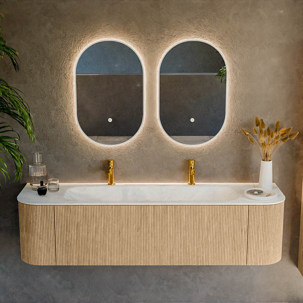MONDIAZ KURVE-DLUX 170cm mueble de baño curva Izquierda + Derecha color Oak con 1 cajón y 2 puertas. Lavabo BIG LARGE Centro 2 orificios Opalo. 2 MONDIAZ KURVE-DLUX 170cm mueble de baño curva Izquierda + Derecha color Oak con 1 cajón y 2 puertas. Lavabo BIG LARGE Centro 2 orificios Opalo. - Imagen 2