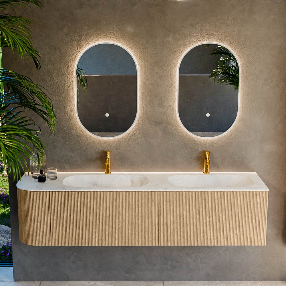 MONDIAZ KURVE-DLUX 175cm mueble de baño curva Izquierda color Oak con 2 cajones y 1 puerta. Lavabo STOR SMALL Doble / Derecho 2 orificios Opalo. 2 MONDIAZ KURVE-DLUX 175cm mueble de baño curva Izquierda color Oak con 2 cajones y 1 puerta. Lavabo STOR SMALL Doble / Derecho 2 orificios Opalo. - Imagen 2