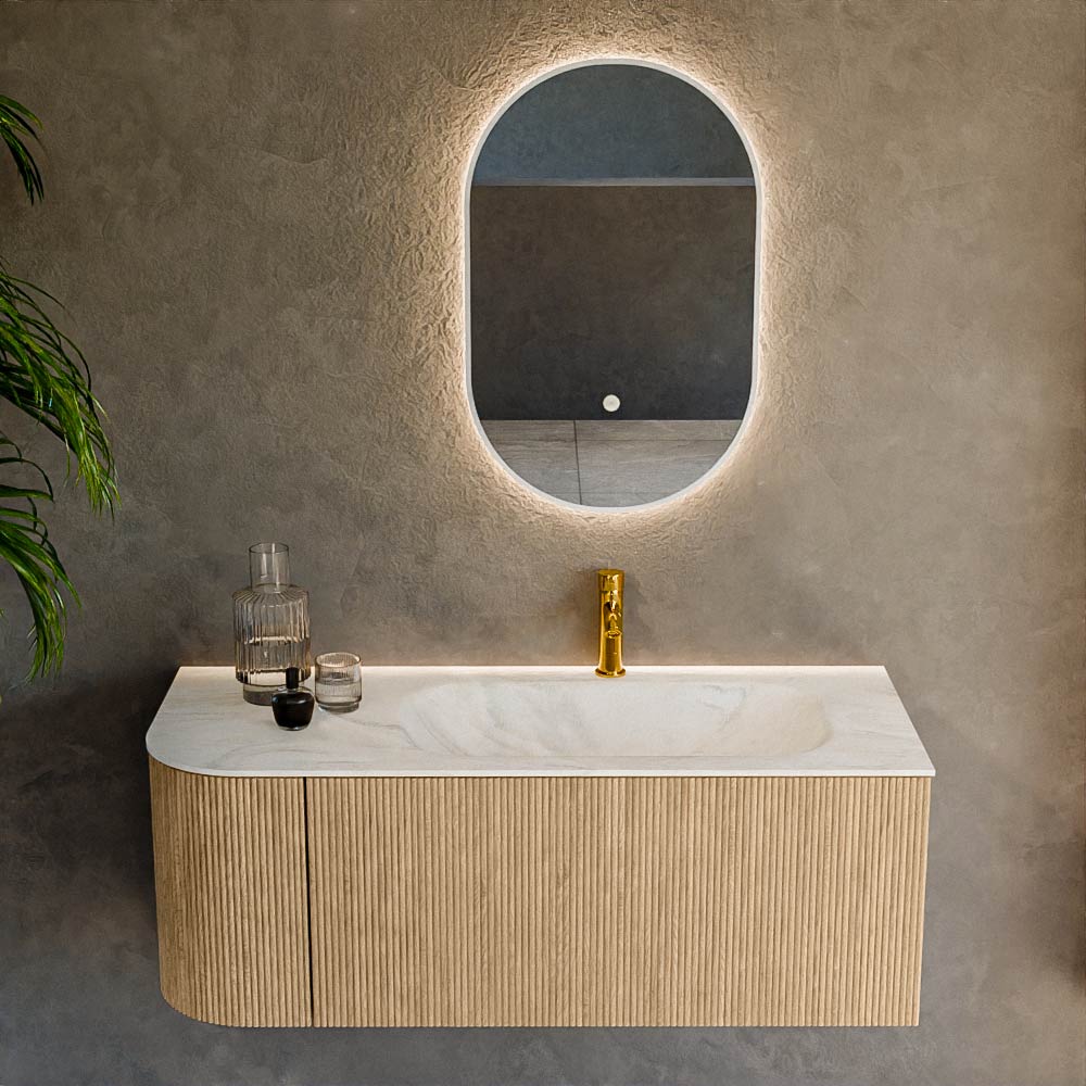 MONDIAZ KURVE-DLUX 115cm mueble de baño curva Izquierda color Oak con 1 cajón y 1 puerta. Lavabo BIG SMALL Derecho 1 orificio Ostra. 2 MONDIAZ KURVE-DLUX 115cm mueble de baño curva Izquierda color Oak con 1 cajón y 1 puerta. Lavabo BIG SMALL Derecho 1 orificio Ostra. - Imagen 2