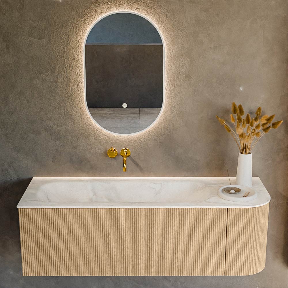MONDIAZ KURVE-DLUX 135cm mueble de baño curva Derecha color Oak con 1 cajón y 1 puerta. Lavabo BIG MEDIUM Izquierda sin orificio Ostra. 2 MONDIAZ KURVE-DLUX 135cm mueble de baño curva Derecha color Oak con 1 cajón y 1 puerta. Lavabo BIG MEDIUM Izquierda sin orificio Ostra. - Imagen 2