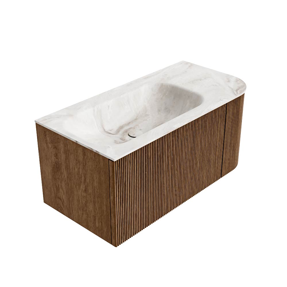 MONDIAZ KURVE-DLUX 95cm mueble de baño curva Derecha color Walnut con 1 cajón y 1 puerta. Lavabo BIG SMALL Izquierda 1 orificio Frappe. 4 MONDIAZ KURVE-DLUX 95cm mueble de baño curva Derecha color Walnut con 1 cajón y 1 puerta. Lavabo BIG SMALL Izquierda 1 orificio Frappe. - Imagen 4