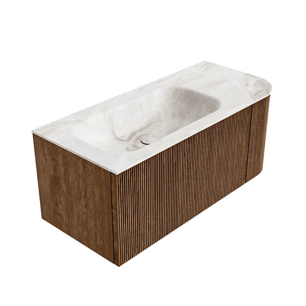MONDIAZ KURVE-DLUX 105cm mueble de baño curva Derecha color Walnut con 1 cajón y 1 puerta. Lavabo BIG SMALL Izquierda 1 orificio Frappe. 4 MONDIAZ KURVE-DLUX 105cm mueble de baño curva Derecha color Walnut con 1 cajón y 1 puerta. Lavabo BIG SMALL Izquierda 1 orificio Frappe. - Imagen 4