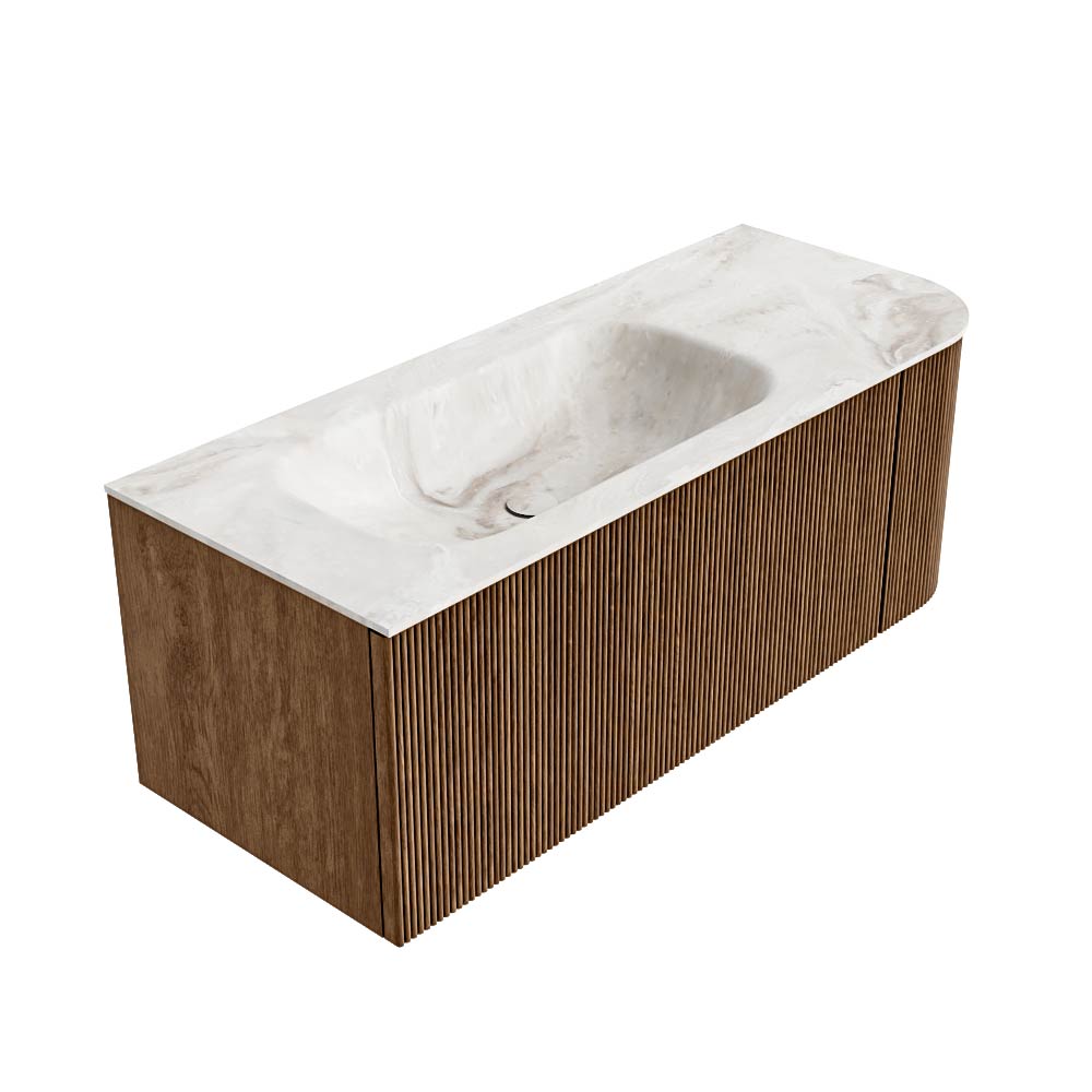 MONDIAZ KURVE-DLUX 115cm mueble de baño curva Derecha color Walnut con 1 cajón y 1 puerta. Lavabo BIG SMALL Izquierda 1 orificio Frappe. 4 MONDIAZ KURVE-DLUX 115cm mueble de baño curva Derecha color Walnut con 1 cajón y 1 puerta. Lavabo BIG SMALL Izquierda 1 orificio Frappe. - Imagen 4