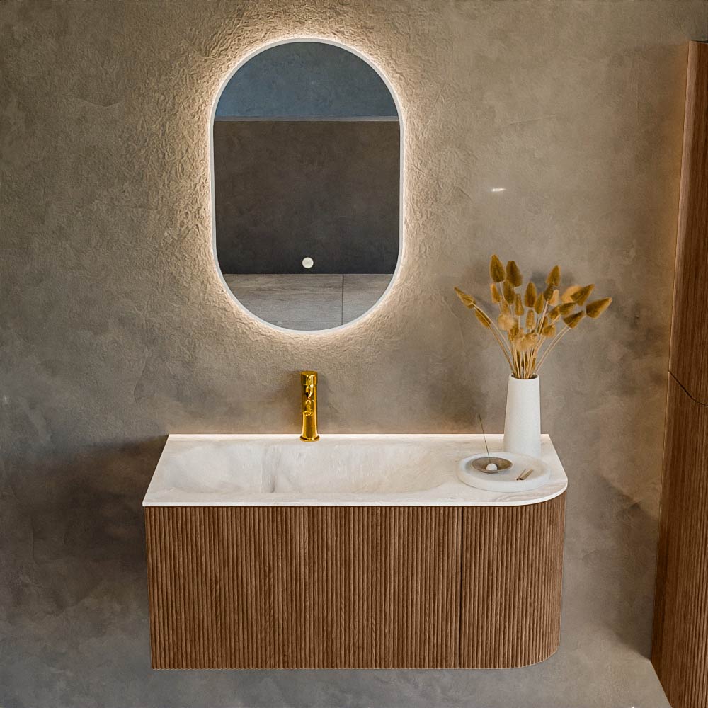 MONDIAZ KURVE-DLUX 95cm mueble de baño curva Derecha color Walnut con 1 cajón y 1 puerta. Lavabo BIG SMALL Izquierda 1 orificio Frappe. 2 MONDIAZ KURVE-DLUX 95cm mueble de baño curva Derecha color Walnut con 1 cajón y 1 puerta. Lavabo BIG SMALL Izquierda 1 orificio Frappe. - Imagen 2