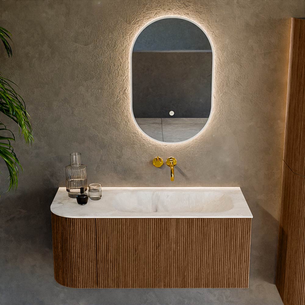 MONDIAZ KURVE-DLUX 105cm mueble de baño curva Izquierda color Walnut con 1 cajón y 1 puerta. Lavabo BIG SMALL Derecho sin orificio Frappe. 2 MONDIAZ KURVE-DLUX 105cm mueble de baño curva Izquierda color Walnut con 1 cajón y 1 puerta. Lavabo BIG SMALL Derecho sin orificio Frappe. - Imagen 2