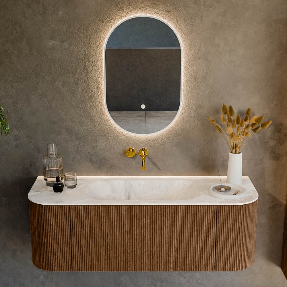 MONDIAZ KURVE-DLUX 130cm mueble de baño curva Izquierda + Derecha color Walnut con 1 cajón y 2 puertas. Lavabo BIG SMALL Centro sin orificio Frappe. 2 MONDIAZ KURVE-DLUX 130cm mueble de baño curva Izquierda + Derecha color Walnut con 1 cajón y 2 puertas. Lavabo BIG SMALL Centro sin orificio Frappe. - Imagen 2